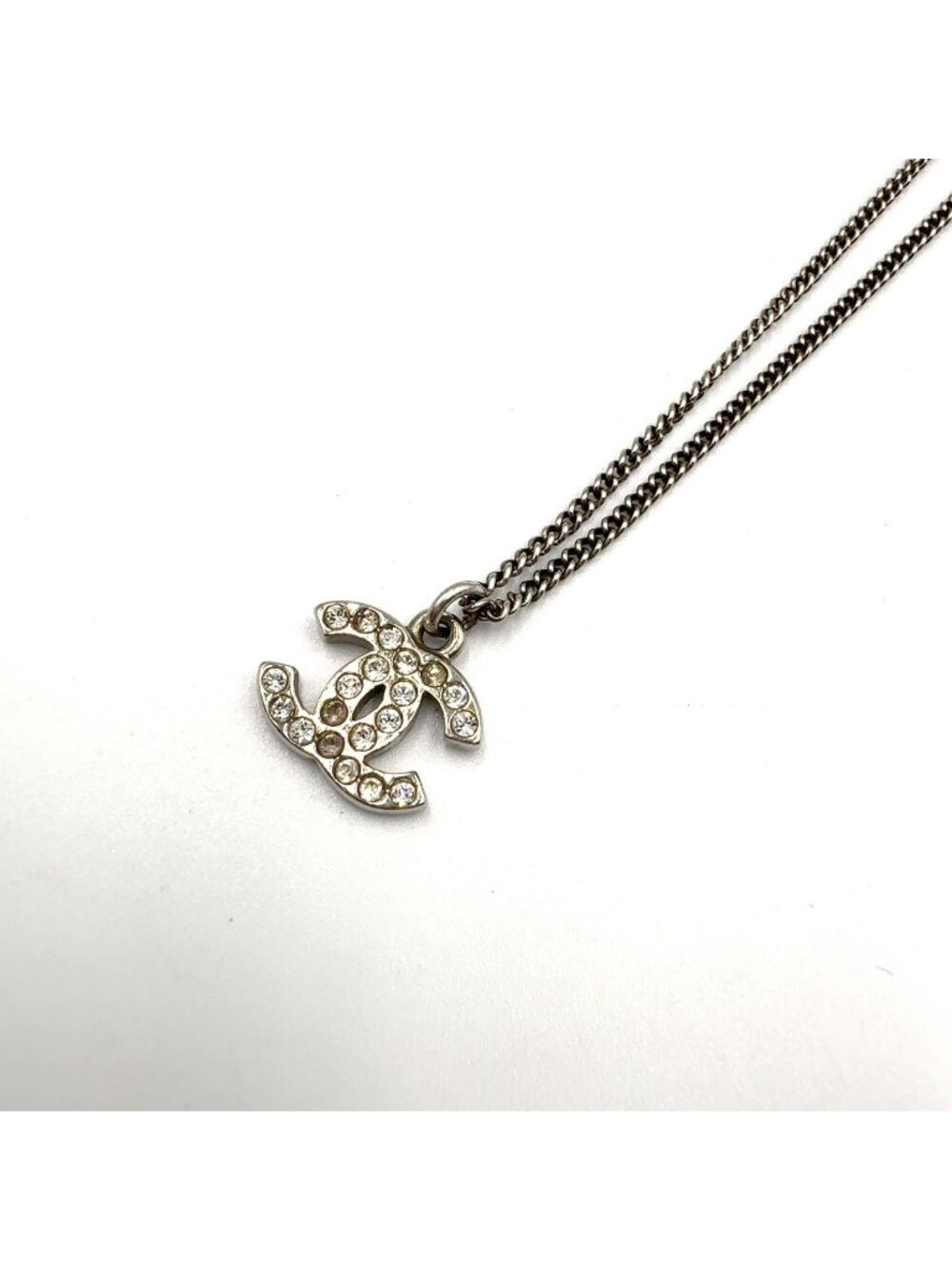 Chanel CC Logo Rhinestone Metal Clear Silver Necklace